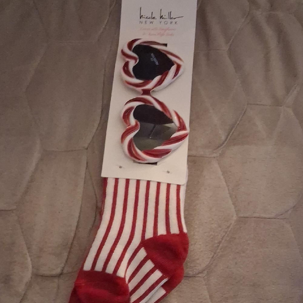 Nicole Miller Infant Red and White Striped Kneehigh Socks with Heart Sunglasses
